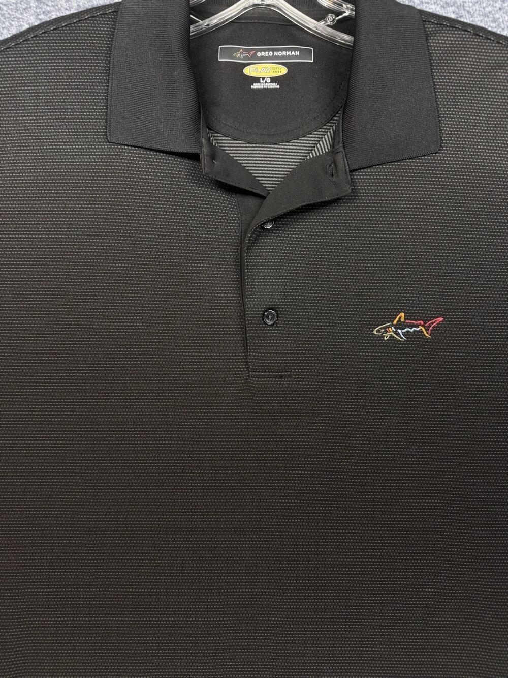 Greg Norman Play Dry Mens Polo Shirt LRG Black Short Sleeve Golf Shark Logo A225